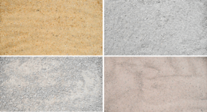 The image is a composition of four photos in a 4x4 format. There are four types of sand, two river sands and two sands from quarries. Both can be used to make cementitious mixtures.