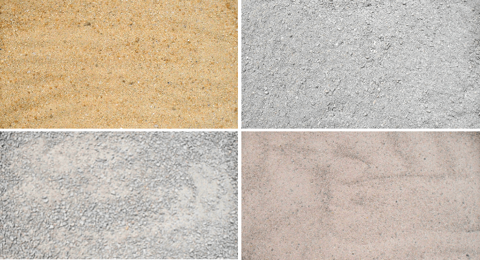The image is a composition of four photos in a 4x4 format. There are four types of sand, two river sands and two sands from quarries. Both can be used to make cementitious mixtures.